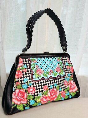 Isabella Fiore Beaded Frame Handbag Floral Patchwork Black Multi Vintage